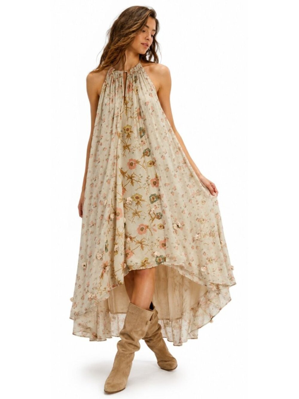 Free People Charm School Dress Sweet Sand Floral High Low Maxi